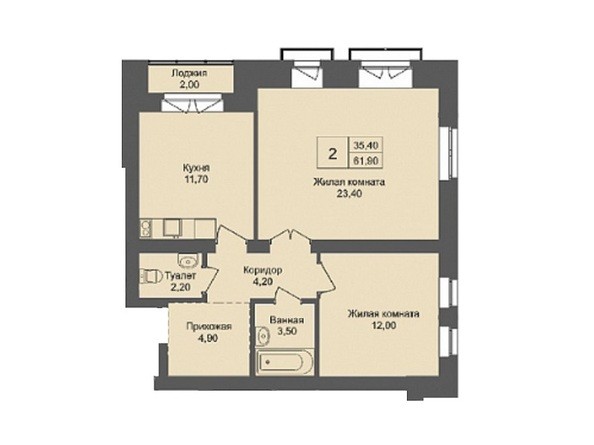 Планировка 2-комнатной квартиры 61,9 кв.м