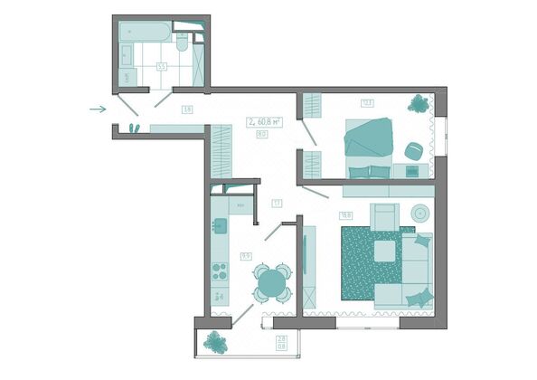 Планировка 2-комн 60,8 м²