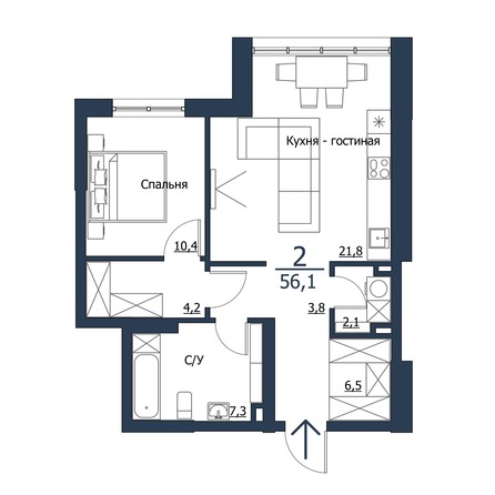 Планировка 2-комн 56,1 м²