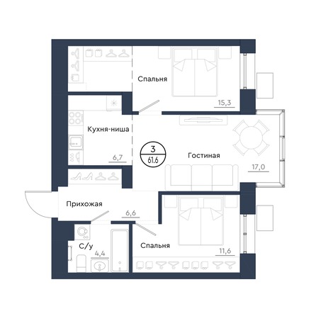Планировка 3-комн 61,6 м²
