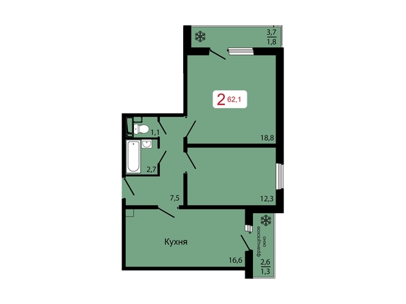 Планировка 2-комн 62,1 м²