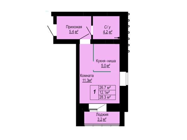 Планировка 1-комн 28,3 м²