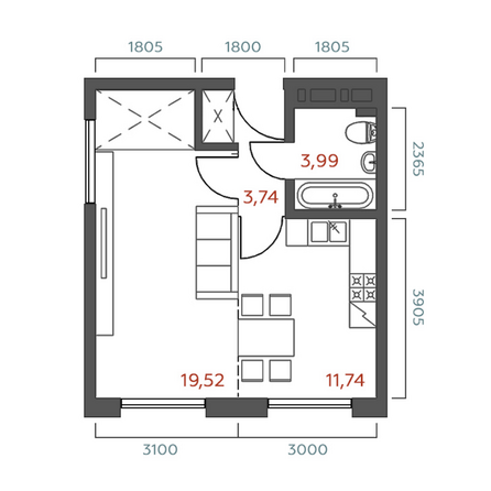 Планировка 1-комн 38,99 м²
