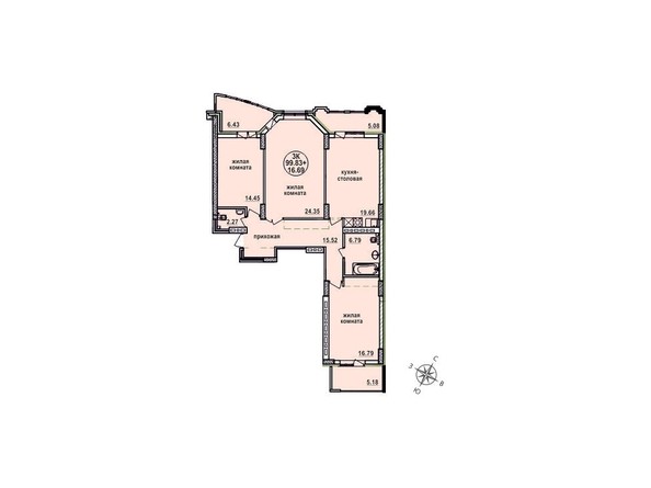 Планировка трехкомнатной квартиры 99,83 кв.м