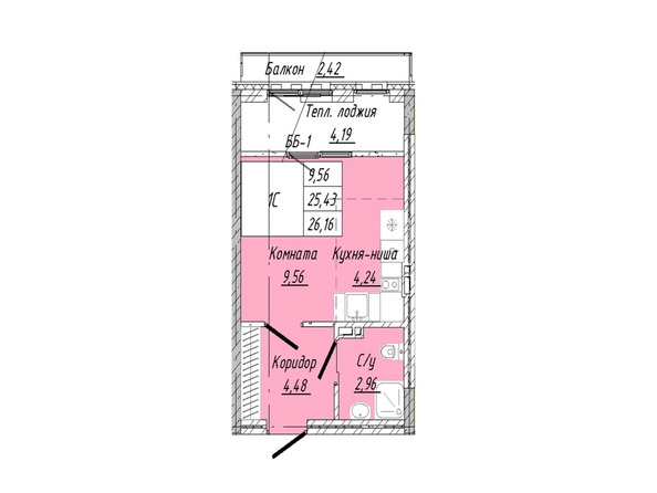 Планировка 1-комн 26,16 м²