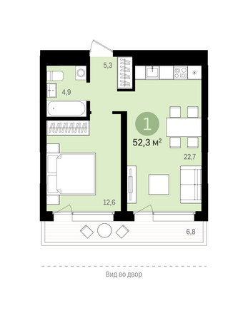 Планировка 1-комн 52,63 - 52,82 м²