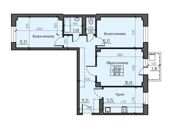Планировка трехкомнатной квартиры 84,1 кв.м