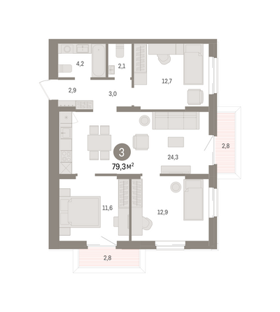 Планировка 3-комн 79,28, 82,3 м²
