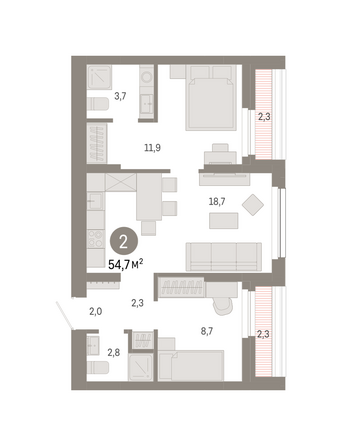 Планировка 2-комн 54,7 м²