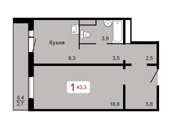 1-комнатная 43,3 кв.м