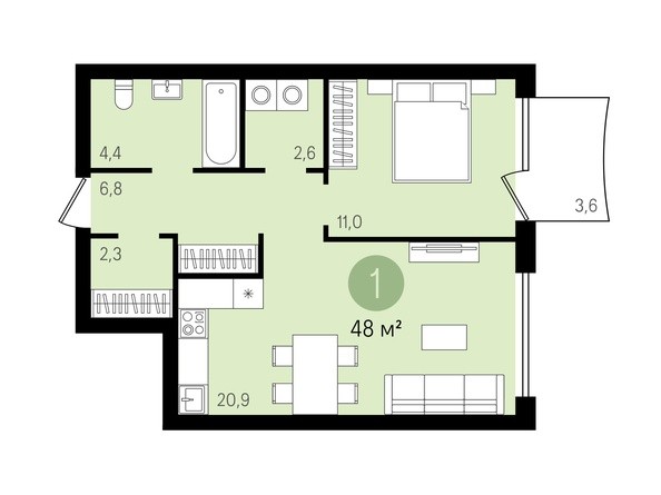 Планировка 1-комнатной квартиры 54,4 кв.м