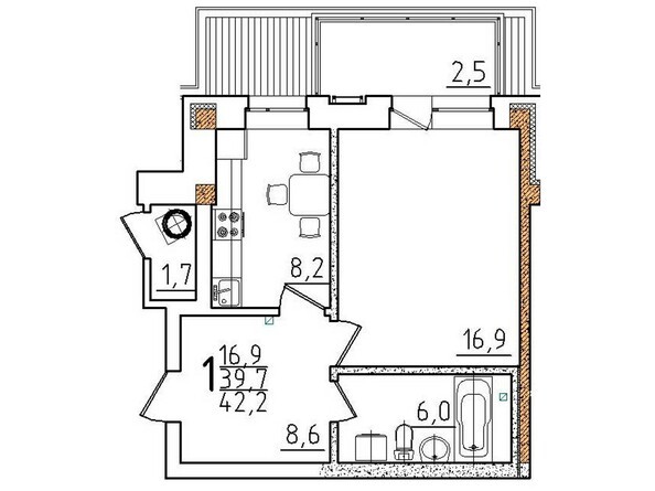 Планировка однокомнатной квартиры 42,2 кв.м