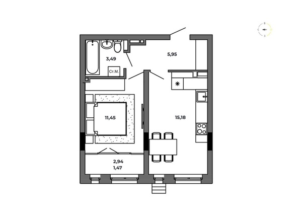 Планировка 1-комн 37,54 м²