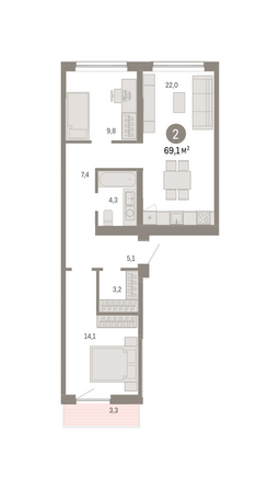 Планировка 2-комн 69,09 м²