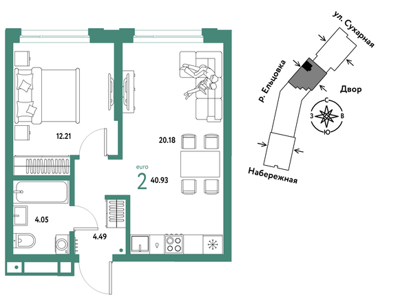 Планировка 2-комн 40,93 м²