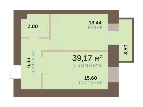 Планировка 1-комн 39,16, 39,17 м²