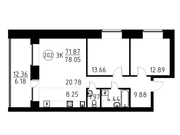 Планировка 3-комн 78,05 м²