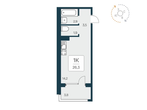 Планировка Студия 22,7, 26,3 м²