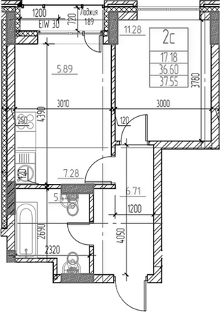 Планировка 2-комн 36,6, 36,63 м²