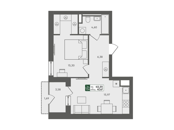 Планировка 1-комн 47,47 м²