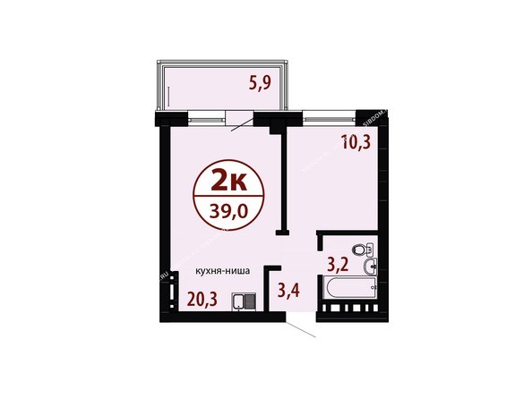 Секция №1. Планировка двухкомнатной квартиры 39,0 кв.м