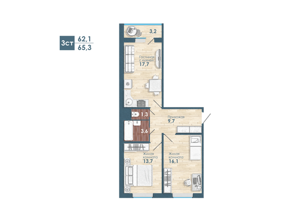 Планировка 3-комн 65,3 м²