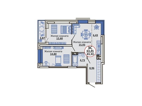 Планировка 3-комнатной квартиры 63,45 кв.м