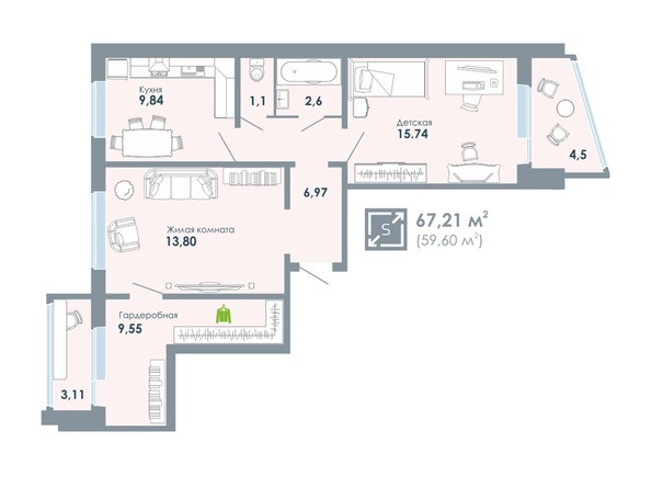 Планировка 2-комнатной квартиры 67,21 кв.м