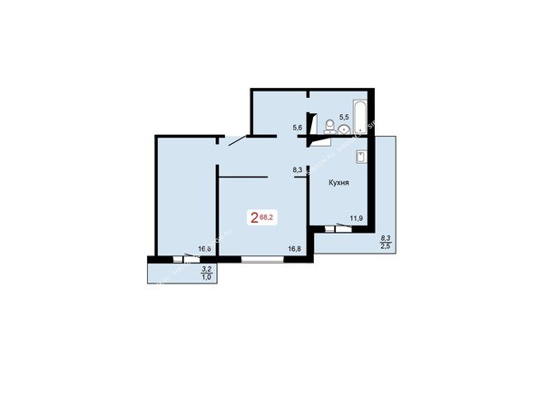 3 блок-секция. Планировка двухкомнатной квартиры 68,2 кв.м