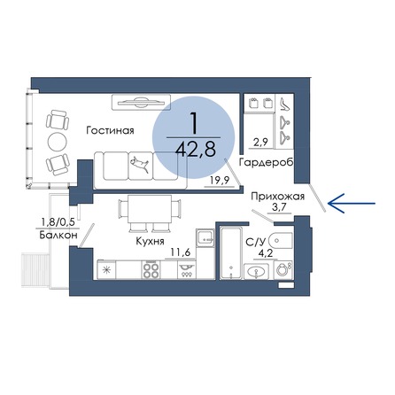 Планировка 1-комн 42,8 м²