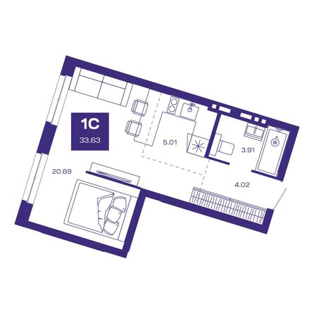 Планировка 1-комн 33,63 м²