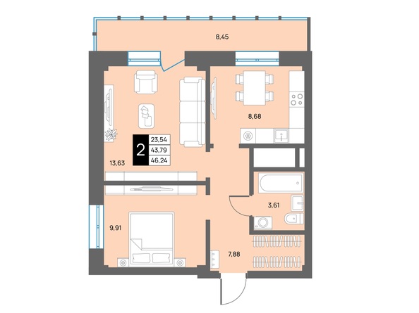 Планировка 2-комн 46,24 м²
