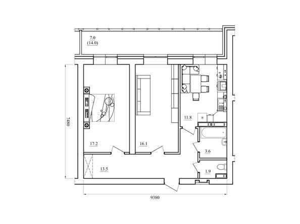 Планировка двухкомнатной квартиры 71,1 кв.м