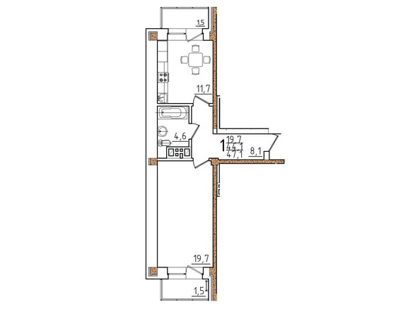 Планировка однокомнатной квартиры 47,1 кв.м