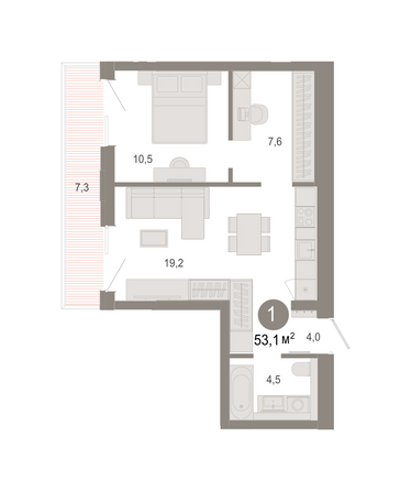 Планировка 1-комн 53,07 м²
