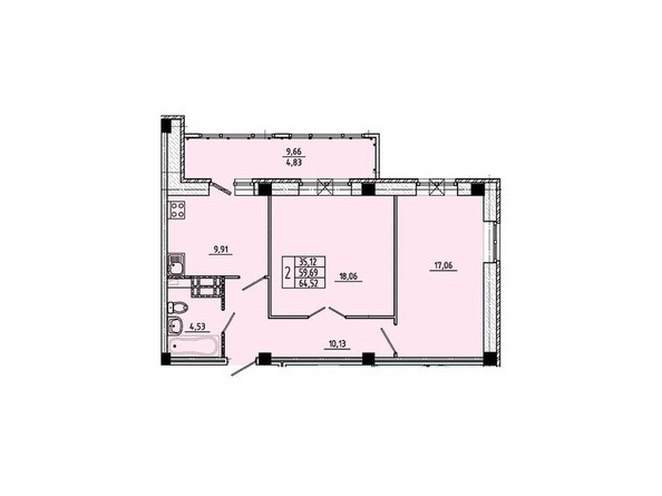 Планировка 2-комнатной квартиры 64,52 кв.м