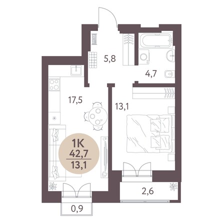 Планировка 1-комн 42,7 м²