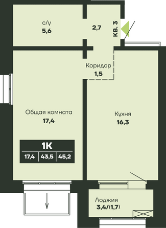 Планировка 1-комн 45,2 м²
