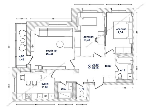 Планировка 3-комнатной квартиры 80,65 кв.м