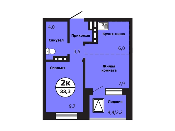 Планировка 2-комн 33,3 м²