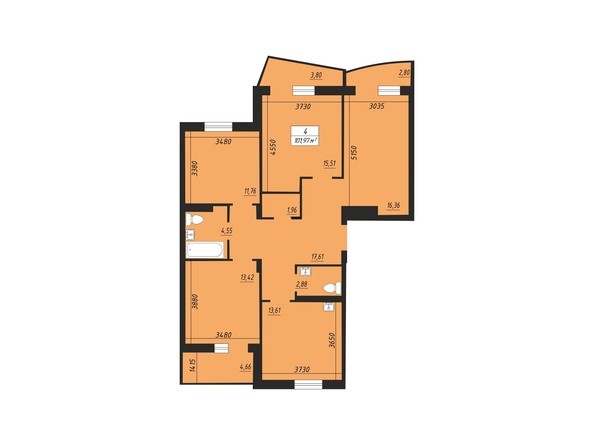Планировка четырехкомнатной квартиры 101,97 кв.м
