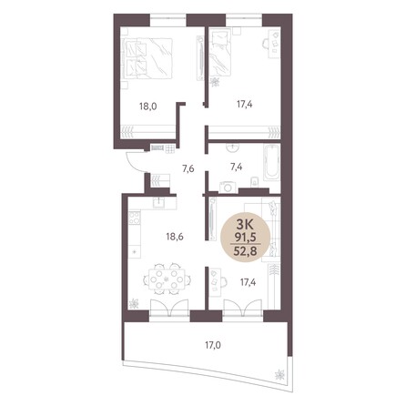 Планировка 3-комн 91,5 м²