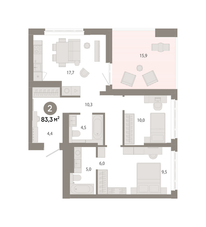 Планировка 2-комн 83,29 - 83,32 м²