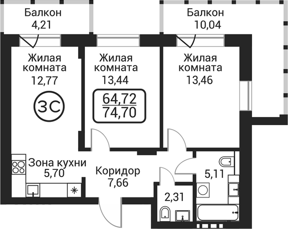 Планировка 2-комн 60,45 м²