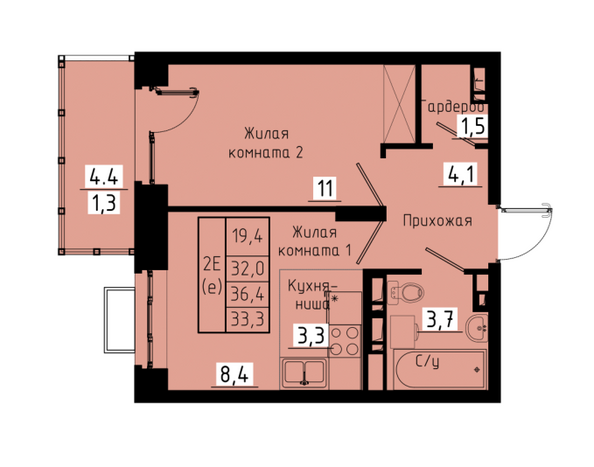 Планировка 2-комн 33,3 м²