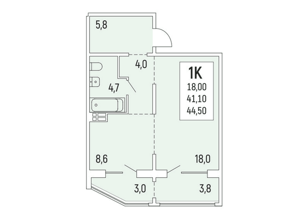 Планировка 1-комнатной квартиры 44,3-44,5 кв.м