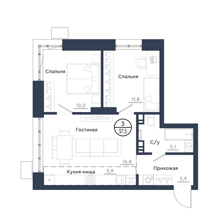 Планировка 3-комн 57,5 м²