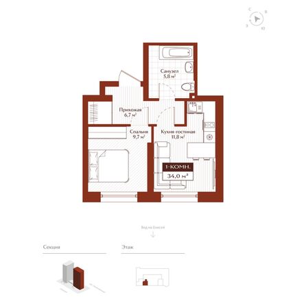 Планировка Студия 34,6 м²