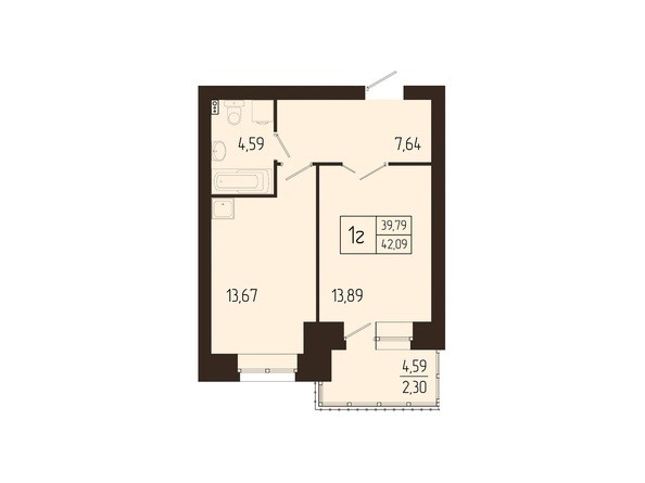 Планировка однокомнатной квартиры 42,09 кв.м