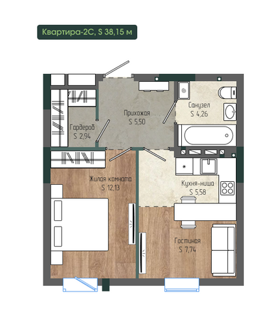 Планировка 2-комн 38,15 м²